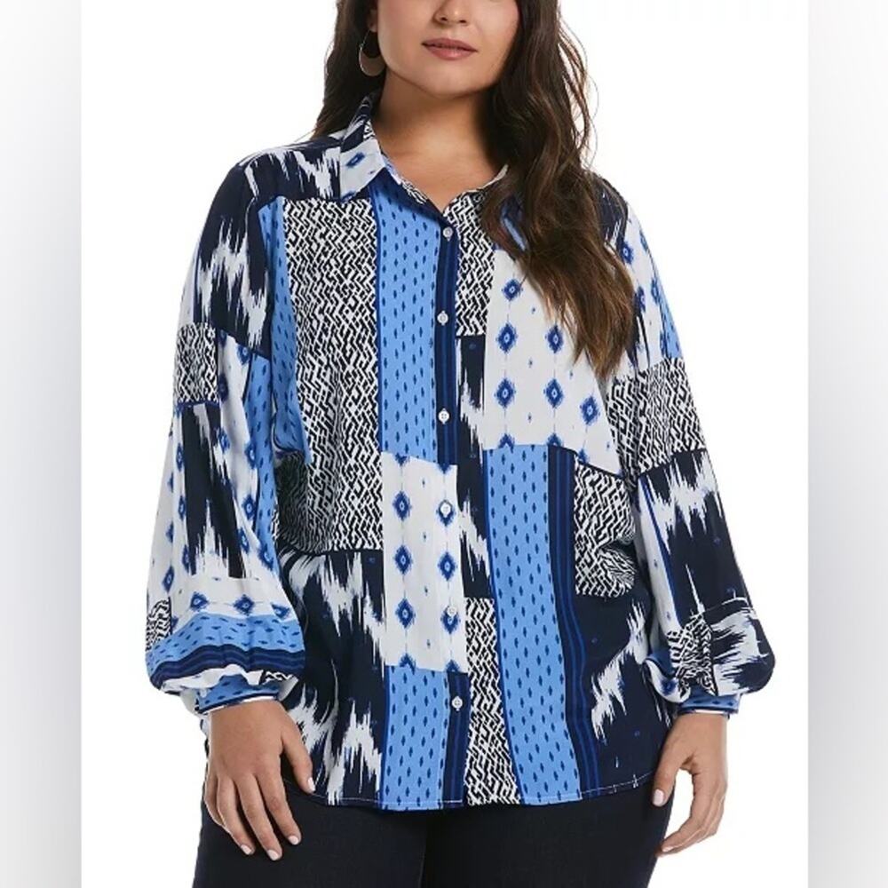 ELLA RAFAELLA Blue Patchwork Abstract Print Button Front Blouse Shirt Boho XXL